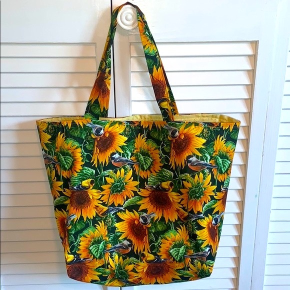 Hand Crafted All Purpose Reusable 100% Cotton Sunflower Tote Bag - Picture 2 of 5